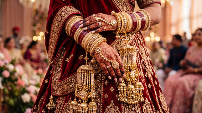 North Indian Punjabi bride wearing traditional chooda and golden kaleere