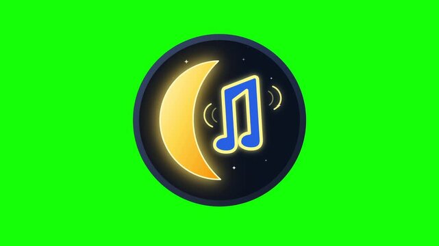 Relaxing bedtime melody illustration featuring a glowing crescent moon and blue musical notes on a dark night sky background