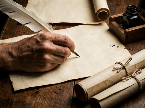 Hand Writing with White Feather Quill Pen on Vintage Paper | Person Writing Letter with Dip Pen Quill and Inkwell on Wooden Desk | Ancient Calligraphy Writing with Feather Pen on Old Parchment Scroll 