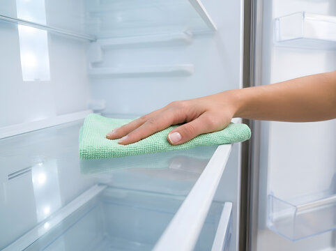 Hand Wiping Empty Refrigerator Glass Shelf with Microfiber Cloth | Cleaning Inside of Empty White Refrigerator with Light Green Rag | Person Sanitizing Glass Shelf in Clean Modern Refrigerator 