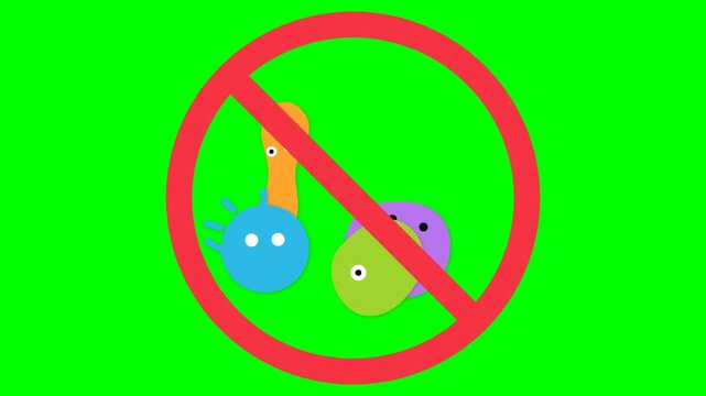 Germs rendered as colorful floating shapes are cancelled out by a large red prohibition sign over a luminous green background.