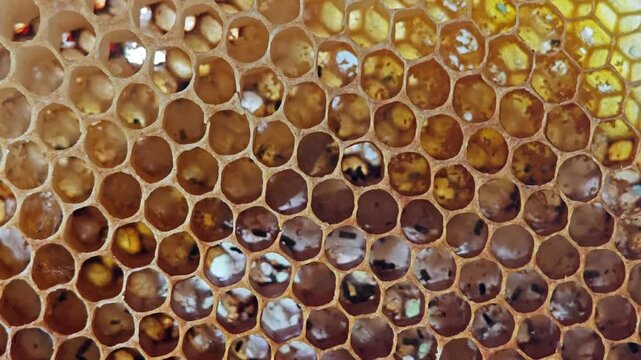 Bee larvaes in honeycomb, Bee hive.