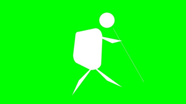 Hiker depicted as a minimalist white icon walks with a trekking pole across a solid chroma key green field.