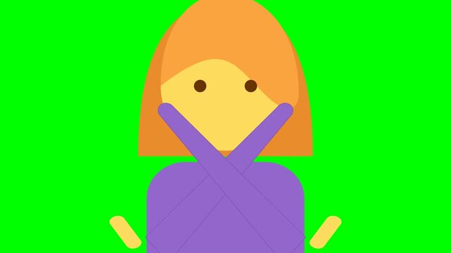 Woman stylized in flat design crosses her arms over her chest to express disapproval or rejection against a bright green background.