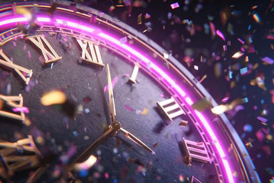 Gleaming festive countdown clock with roman numerals showing midnight hour amidst falling golden colorful shiny party confetti explosion glowing neon ring background for new year celebration.
