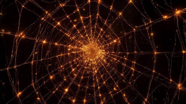 Intricate spider web illuminated with golden lights, showcasing a mesmerizing pattern of threads converging at the center against a dark background