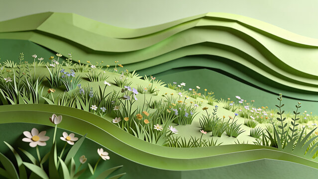 Layered papercut illustration of a meadow scene with rolling hills, soft green tones