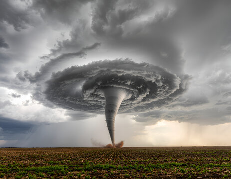 A powerful tornado descends from a swirling, ominous cloud formation over a vast, flat field, showcasing the raw force of nature.