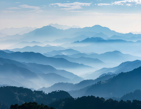 A breathtaking panoramic view showcases a layered landscape of misty blue mountains receding into the distance, creating a serene and ethereal atmosphere.