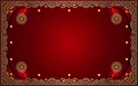 Elegant deep red background with ornate gold filigree border and decorative vintage frame for luxury design projects