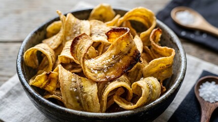 Fototapeta premium Crispy baked banana chips with sea salt in a rustic bowl
