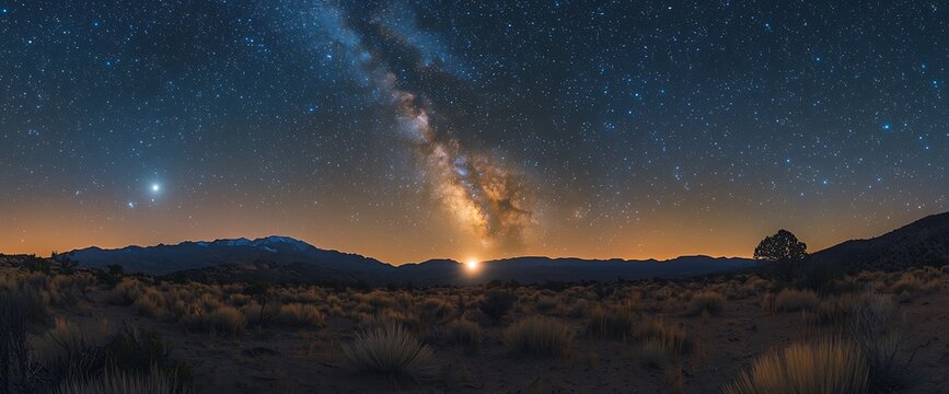 Milky Way over desert mountains at sunrise