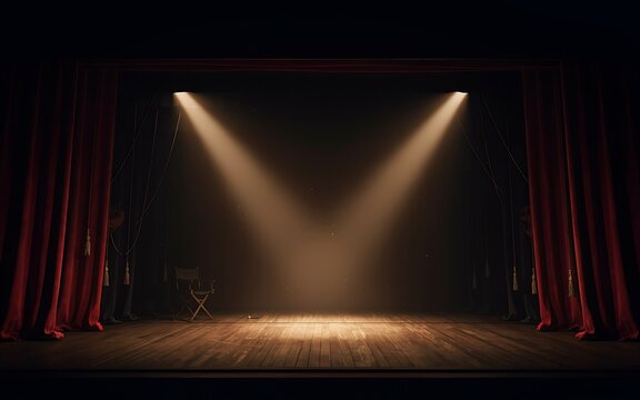 Empty theater stage with red velvet curtains illuminated by two bright golden spotlights in a dark performance hall