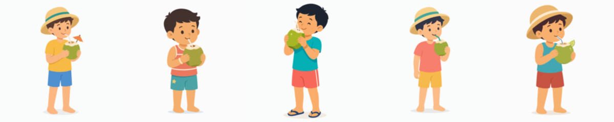 Flat vector illustration of a little boy standing on a beach drinking a young coconut during summer.