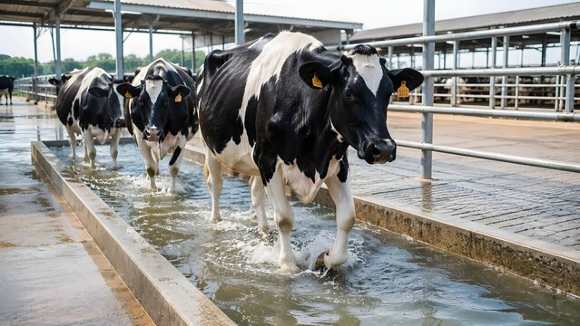 Black and white holstein cows walking through water trough inside large modern dairy farm facility with wading through shallow large open air