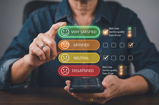 User giving bad response on smartphone with virtual rating interface presenting low satisfaction, negative experience for negative client experience or service complaint evaluation