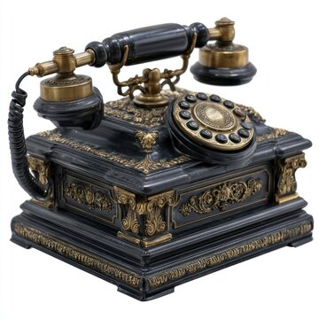 A vintage rotary telephone with an ornate black and gold decorative design, featuring a classic handset and dial pad, isolated on a white background.