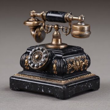 A vintage-style rotary telephone featuring black marble and ornate gold-colored metal detailing, isolated against a neutral grey background.