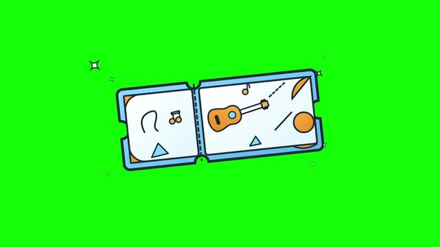 Concert ticket icon illustration with guitar and music notes on green screen background