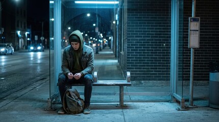 Obraz premium Young adult sitting alone at bus stop at night