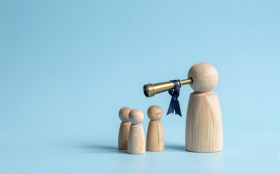 Leader with telescope guides small group, symbolizing vision and direction for team growth.
