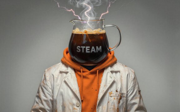 Scientist with steaming pitcher head, sparking energy and coffee splashes.