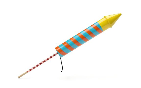 A single colorful firework rocket isolated on a white background for celebration and holiday party design concepts