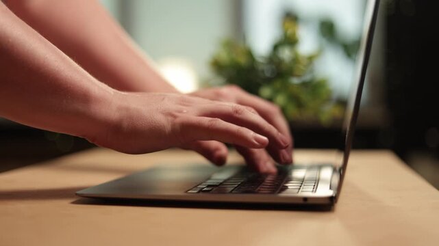 Close-up of hands typing on a laptop keyboard with a plant in the background
