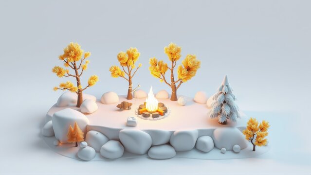Small winter scene. Fire pit warms tiny trees, rocks surround snowy ground. Minimalist style, soft lighting creates cozy mood.