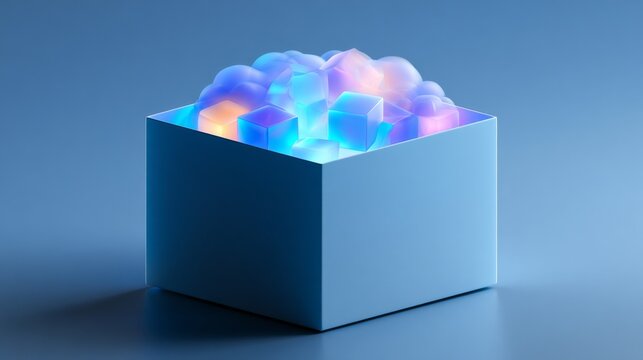 Colorful light cubes and clouds in a box create an interesting display on a smooth surface