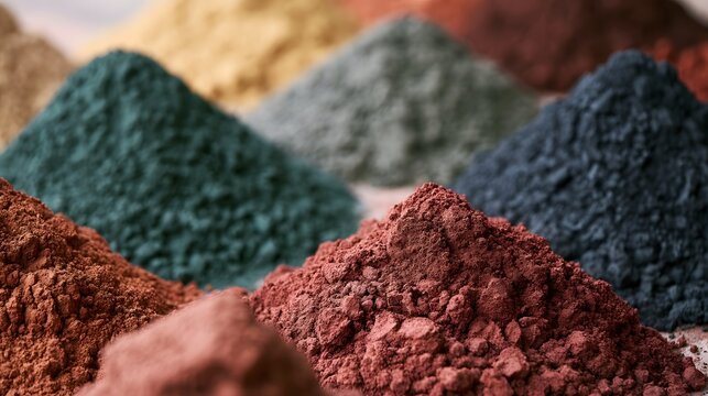Close up of vibrant earth toned mineral powders arranged in mounds with rich color variation and textured surface detail