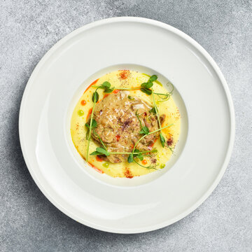 Creamy mashed potatoes served with savory meat ragout in white bowl. Delicious gourmet dish garnished with fresh microgreens and spices. Top view gourmet restaurant meal.