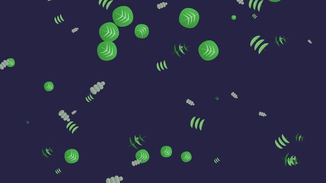 Falling Green Leaves and Organic Shapes on Dark Blue Background