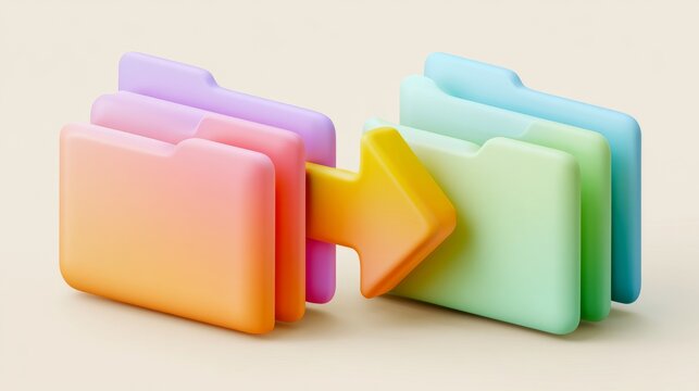 Colorful folders and an arrow showing file transfer in a minimal setting