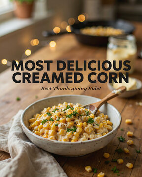 A rustic bowl of homemade creamy corn served as a delicious side dish for a festive thanksgiving dinner table