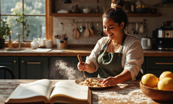 Cooking kitchen woman improvises a healthy meal in a sunlit rustic home while flour dusts the air and her recipe book