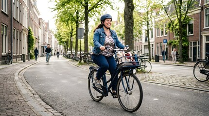 Fototapeta premium Woman riding bicycle on sunny street with trees and buildings