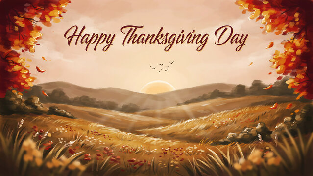 Beautiful autumn landscape illustration with golden sunset and falling leaves for a festive happy thanksgiving day greeting card