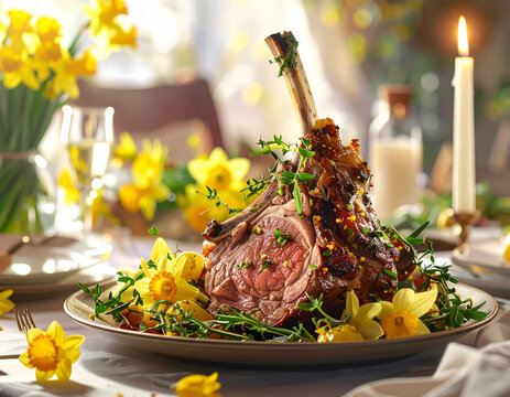 Elegant Roasted Lamb Rack with Daffodils and Candlelight.