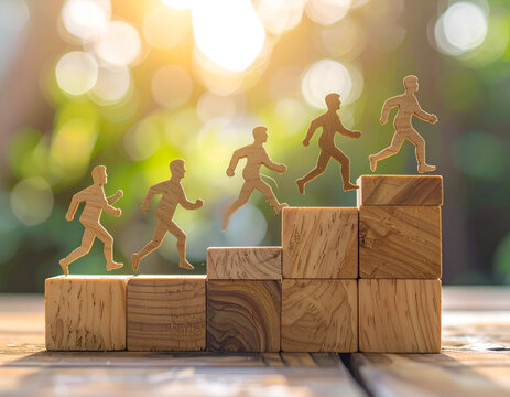 Wooden figures climbing stairs symbolizing progress and success.