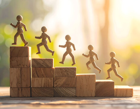 Wooden Figures Ascending Stairs Representing Growth and Success.