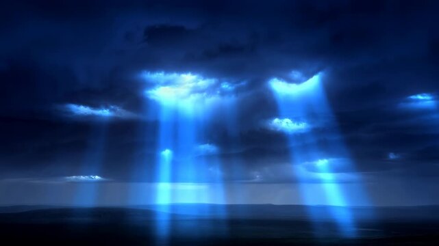 Dramatic blue light beams breaking through dark storm clouds above calm sea horizon, with layered sky, intense glow, and cinematic atmospheric contrast over wide seascape