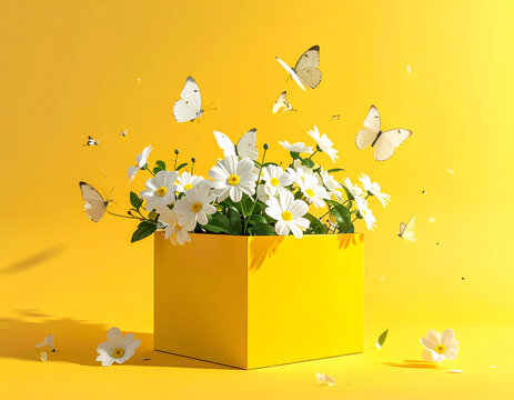 Vibrant Yellow Box Overflowing with White Daisies and Fluttering Butterflies.