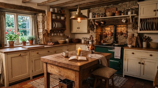Rustic vintage kitchen interior with wooden island, burning candle, open book and warm lighting.