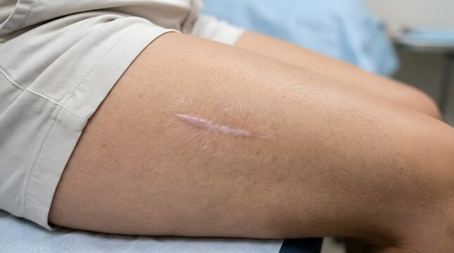 Healing surgical scar on human thigh skin close up medical detail