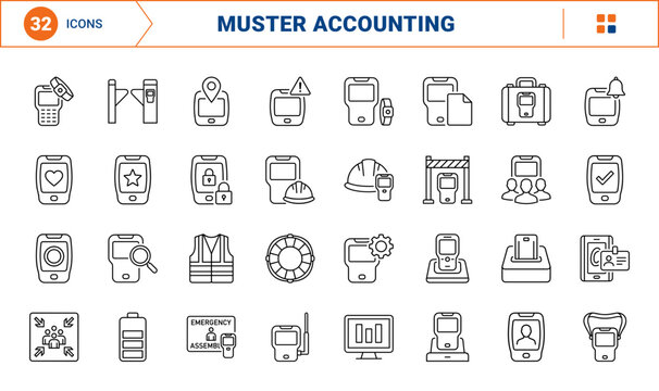 Muster Scanner Personnel Accounting Web Icon Set in Linear Style. Collection of Emergency Readiness line icons, including muster scanner, barcode reader, headcount display, wristband tag and more.