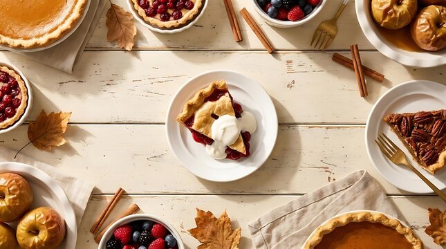 Assorted autumn pies and desserts on wooden table