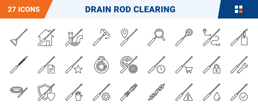 Drain Rod Set Drain Clearing Web Icon Set in Linear Style. Collection of Pipe Unblocking line icons, including drain rod set, plunger tip, worm screw, pipe clearing, service van, root cutter and more.