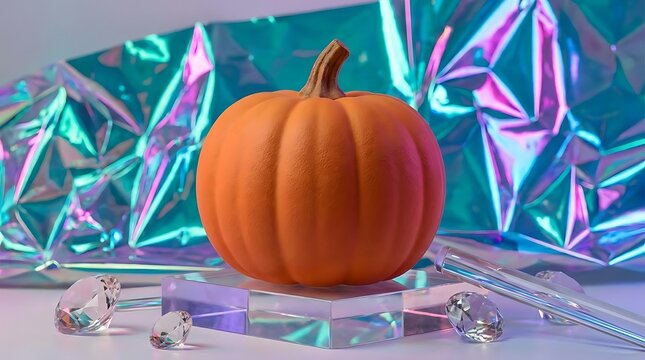 Pumpkin and crystal gems on iridescent background