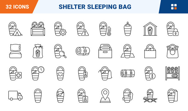 Sleeping Bag Emergency Rest Center Provision Web Icon Set in Linear Style. Collection of Shelter Supply line icons, including sleeping bag, cinch sack, rolled bag, supply truck, cot and more.